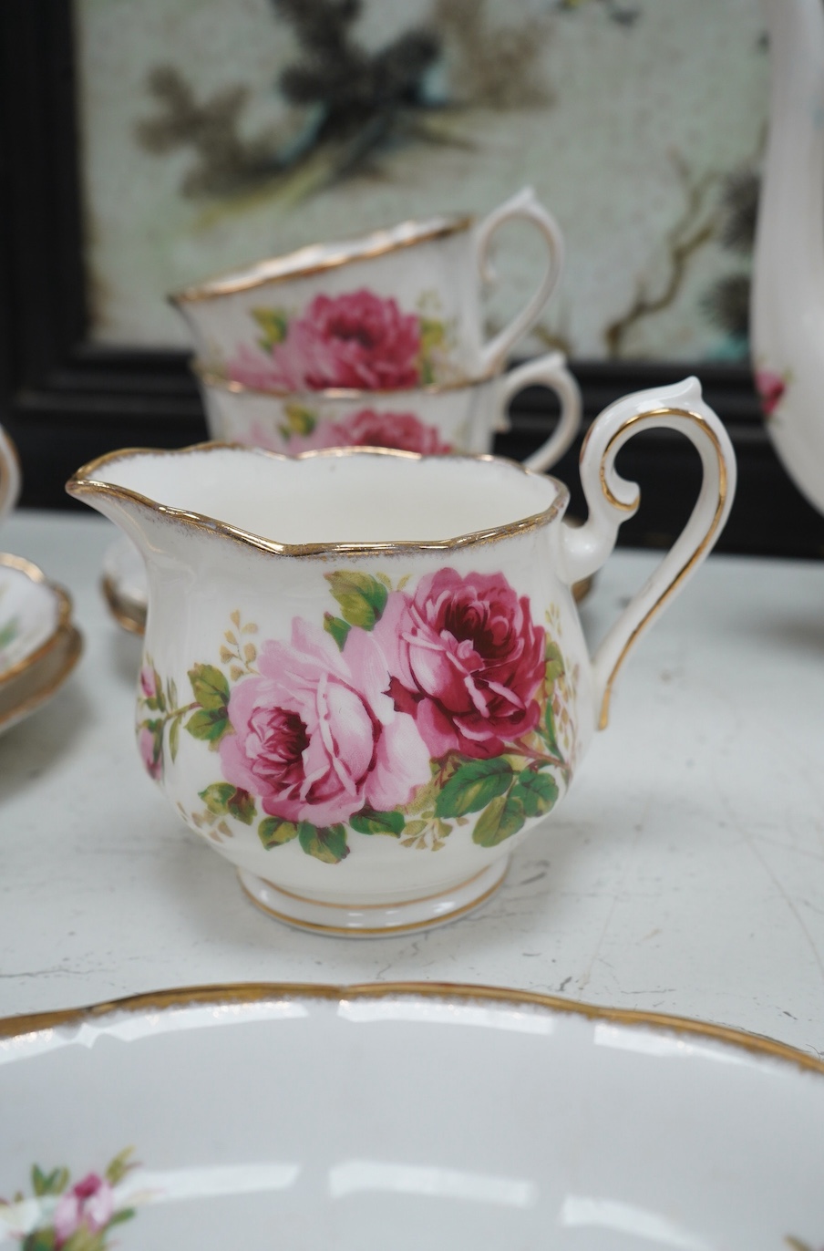 A Royal Albert American Beauty porcelain coffee set to include coffee pot, milk jug and cups and saucers. Condition - mostly good, some wear